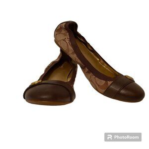 COACH SHOES BALLET FLATS CHELSEY BROWN LEATHER JACQUARD LOGO C GOLD
